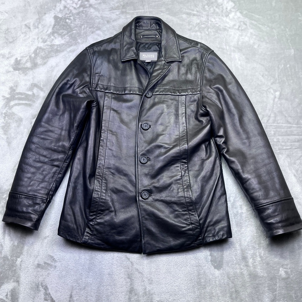 Wilsons Black Genuine Leather Jacket Sz S Button Front Grunge Moto Retro Western